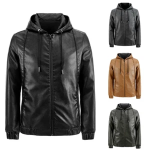 Herren Lederjacke Slim Fit mit Kapuze PU Biker Mantel Reißverschluss Taschen Top - Picture 1 of 21