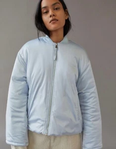 NWT UO URBAN OUTFITTERS DAWN SATIN PUFFER BOMBER ZIP JACKET COAT BLUE M MEDIUM - Picture 1 of 7