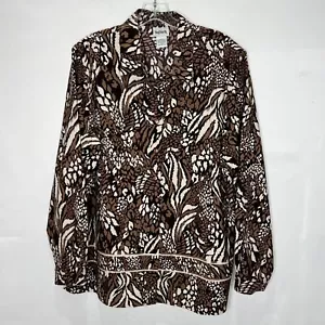 Blusa para mujer Bon Worth talla Lg abotonada marrón beige animal floral brillo - Imagen 1 de 9