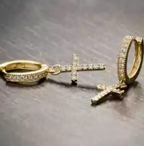 Cross Dangle Drop Men's Earrings 2Ct Lab Created Diamond 14K Yellow Gold Plated - Picture 1 of 3