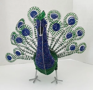 Beadworx 12" Peacock Wire and Bead Sculpture Figurine Blue, Purple & Green - Picture 1 of 13