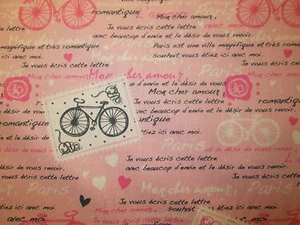 PARIS BICYCLE POSTAGE STAMPS BIKE LAMOUR HEARTS PINK COTTON FABRIC BTHY - Picture 1 of 6
