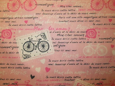 PARIS BICYCLE POSTAGE STAMPS BIKE LAMOUR HEARTS PINK COTTON FABRIC BTHY - Image 1 of 4