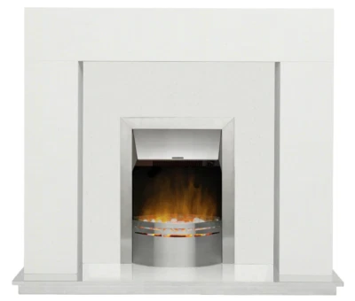 New White Marble Fireplace with Dimplex Silver Electric Fire with Pebbles - Image 1 of 3