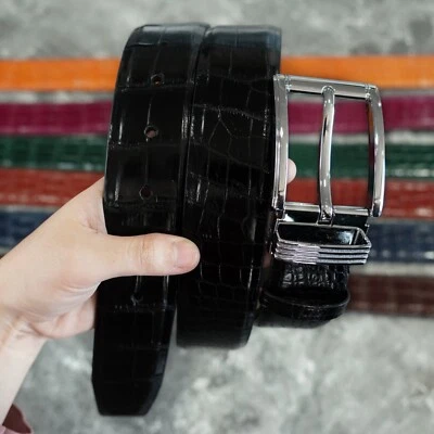 Black Real Crocodile Belly Leather Skin Men's Belt No Jointed Pin Buckle 1.5''W - Image 1 of 4