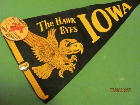 Vintage 1977 Iowa Hawkeyes Hawks University Pennant 11" x 29" & 9/17/77 Pin Cover