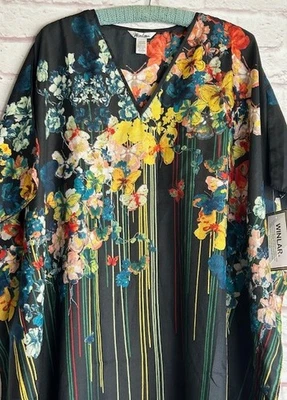 1X/2X/3X New Butterfly Stripe Floral Black Yellow Blue  Kaftan Beach Cover Dress - Image 1 of 4