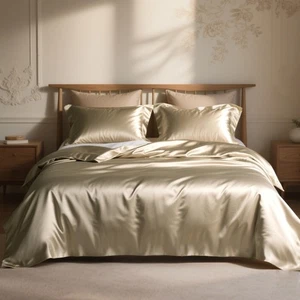 Champagner Gold Satin Bettbezug King Size Set, 3 Stück Ultra Weiche Bettwäsche S... - Bild 1 von 7