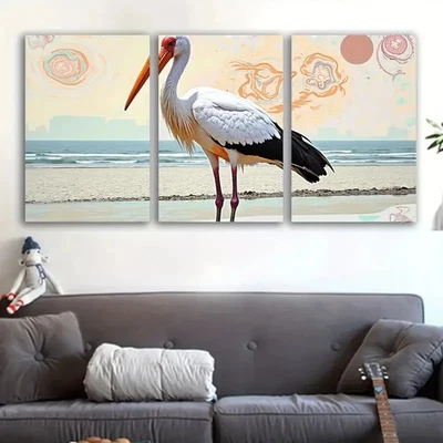 3pcs Vibrant Beach Scene with Bird & Waves Wall Art Canvas Framed 50x70cm - Image 1 of 2