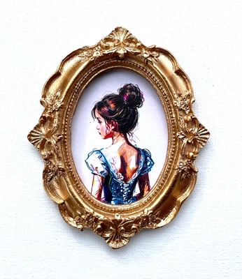 Little Girl in Victorian Dress Tiny Miniature Mini ART PRINT Gold Frame NOT ACEO - Image 1 of 4