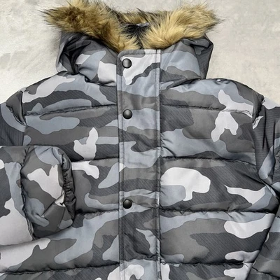 THE CHILDREN’S PLACE Camo Puffer Jacket Boy's 10/12 Fur Trim Hood Fleece Lined - Image 1 of 4