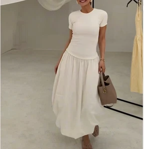 ZARA NEW WOMAN LONG BALLOON COMBINATION DRESS ECRU White M L 4174/208/712 - Picture 1 of 4