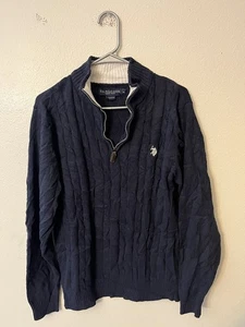 US Polo Assn Sweater Mens Medium Blue 1/4 Zip Pullover Cable Knit Logo Classic - Picture 1 of 5