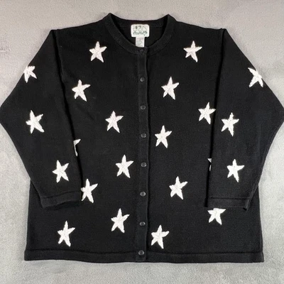 Quacker Factory Sweater Womens 1X Black Star Embroidered Cardigan Button Front - Image 1 of 4