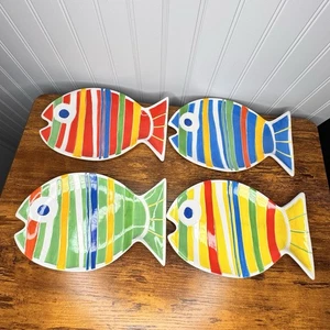 4 Fish Shaped Figural Salad Dessert Dinner Bread Plates Colorful MCM Flowers Inc - Picture 1 of 10
