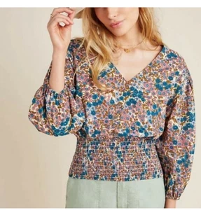 Maeve by Anthropologie Odette Blouse Smocked Floral Bohemian Peasant Top Size S - Picture 1 of 7