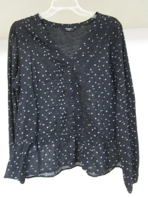 Blusa Top Lucky Brand Estampado Negro Pintuck V Volantes Dobladillo Botón Talla XL Foto 1 de 4