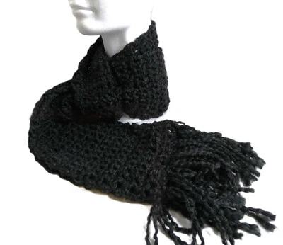 Bufanda Negra 80x6 Larga Ancha Gótica Gruesa Hecha a Mano Crochet Tejida a Mano Retro Nueva con Etiquetas Foto 1 de 4