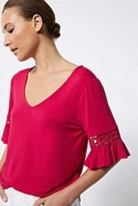 WITCHERY Ruffle Sleeve Trim Top in Pop Pink Size S - Imagen 1 de 1