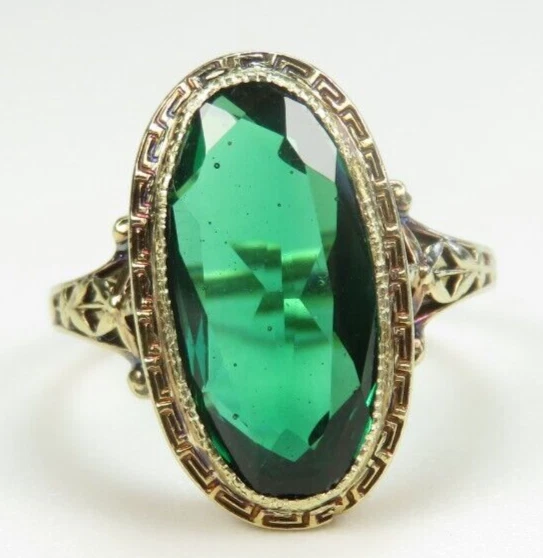Antique 1920's Green Stone 13KY Gold Ring Size 6 UK-L1/2 5.33 CT Art Deco - Image 1 of 4