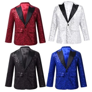 Kids Boys Jacket Sequins Blazer Banquet Coat Gentleman Lapel Top One Button - Picture 1 of 60