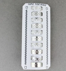 10 Silver toe rings metal toe ring open back adjustable set heart basketweave - Picture 1 of 6
