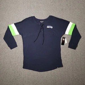 NEW Seattle Seahawks Shirt Womens Large NFL Football Long Sleeve Lace Up Neck - Picture 1 of 13