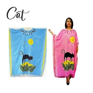CAT 100% Cotton Feline Animal Print Kaftan Caftan Cool Beach Dress Long Ladies - Picture 1 of 4