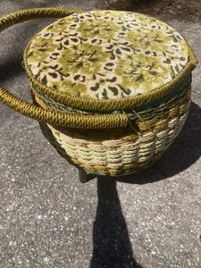 Vtg Singer MCM Sewing Basket Japan Singer Plastic Wicker Avocado/Lime 3 Legs - Picture 1 of 17