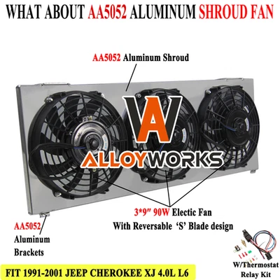 For 1991-2001 1998 Jeep Cherokee XJ 4.0L Aluminum Shroud + 3 x 9'' Fans + Relay Foto 1 de 4