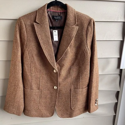 Blazer feminino novo com etiquetas Talbots clássico mistura de lã Shetland espinha de peixe 14 marrom luxo - Imagem 1 de 4