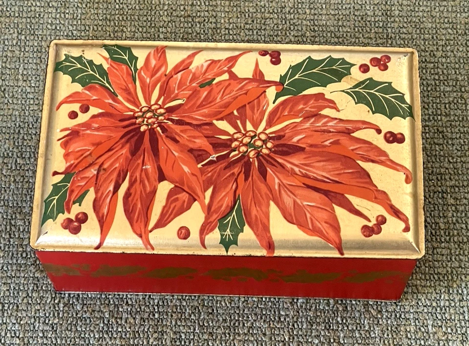 Contenedor de hojalata vintage de Navidad con tapa con bisagras interior dorado de pascua con floral Foto 1 de 4