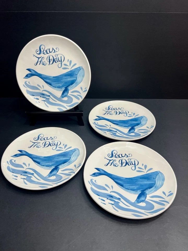 (4) Pier 1 Imports SEAS THE DAY Ironstone Whale Blue White Salad Plates 8.75” - Image 1 of 4