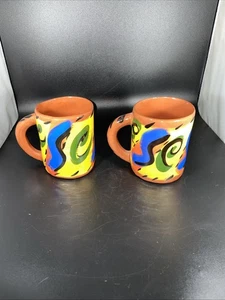 Janet Hoelzel Studio Pottery Colorful Redware Mug Glazed Signed JH Set 2 - Picture 1 of 8
