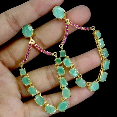 925 Sterling Silver Earrings Oval Emerald 9x7mm Ruby Natural Gemstone Jewelry - Image 1 of 4