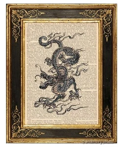 Arte de dragón chino estampado en página de libro vintage asiático oriental decoración del hogar - Imagen 1 de 3