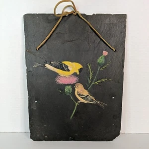 Hand Painted Slate Wall Hanging Pair '97 of Goldfinches Thistle Branch 12"x9.25" - Picture 1 of 10