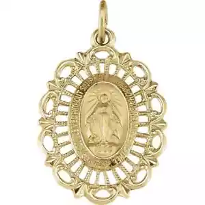 14K Yellow Gold 22x16mm Oval Filigree Miraculous Medal Virgin Mary Medal Pendant - Picture 1 of 3