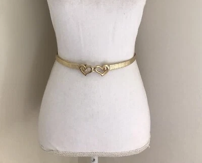 Womens Double Heart Skinny Waist Belt Gold Tone 28” - Image 1 of 3