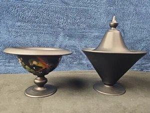 (2) Vintage Tiffin Glass Black Satin Glass Jar 7.75” Tall Candy 4.5" Bird Dish - Picture 1 of 12