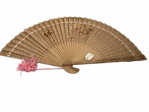 Vintage Wooden Hand Held Asian Chinese Carved Folding Fan 16x9 inches - Picture 1 of 10