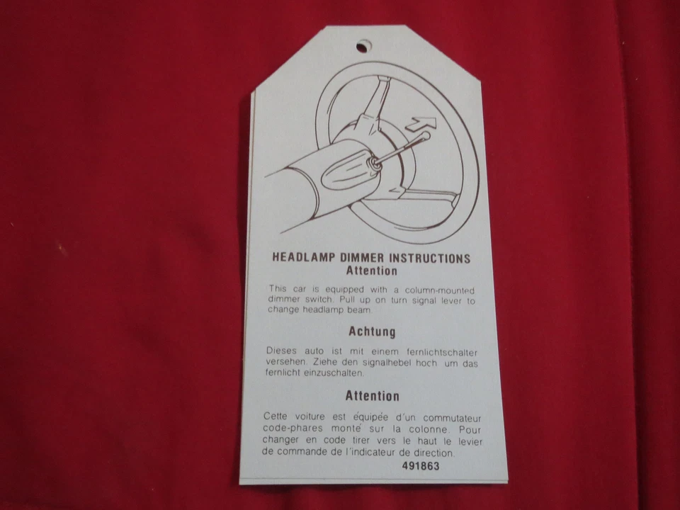 1976 77 1978 CHEVROLET CAMARO CORVETTE IMPALA NOVA CHEVELLE HEADLIGHT DIMMER TAG - Image 1 of 1