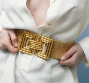 Zara Brown & Gold Acetate Buckle Beige Jute Belt Stretch Fit Size 80cm - Picture 1 of 7