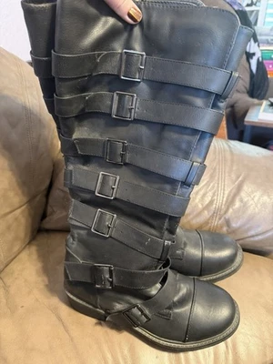 Women’s Knee High Black Boots Size 9W Side Zipper Lots of Buckles Faux Leather - Image 1 of 4
