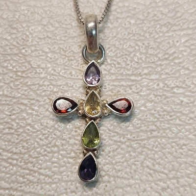 Collar Cruz Plata 925 Multi Piedras Preciosas Italia 18" Regalo Navidad Foto 1 de 4