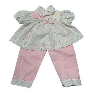 Vintage 2-piece Baby Outfit Top Pants 18 Months Girl Pink Appliqué House Flowers - Picture 1 of 10