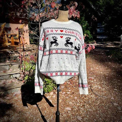 Merry Christmas Sweater Deer Holiday XXL White Red Black Hearts - Image 1 of 4