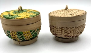Kleine geflochtene Körbe mit Deckel 2er Set hellbraun grün gelb - Bild 1 von 5