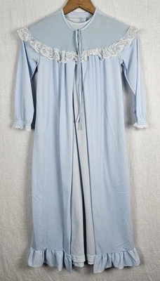 VTG Youth Girls Her Majesty 80s Blue Night Gown Robe Set Sz 8 Satin Lace Ruffles - Image 1 of 4