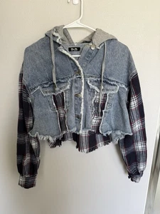 Miss Me Blue and Red Jean Jacket with Plaid Accents Grunge Emo Punk Skater Goth - Picture 1 of 4